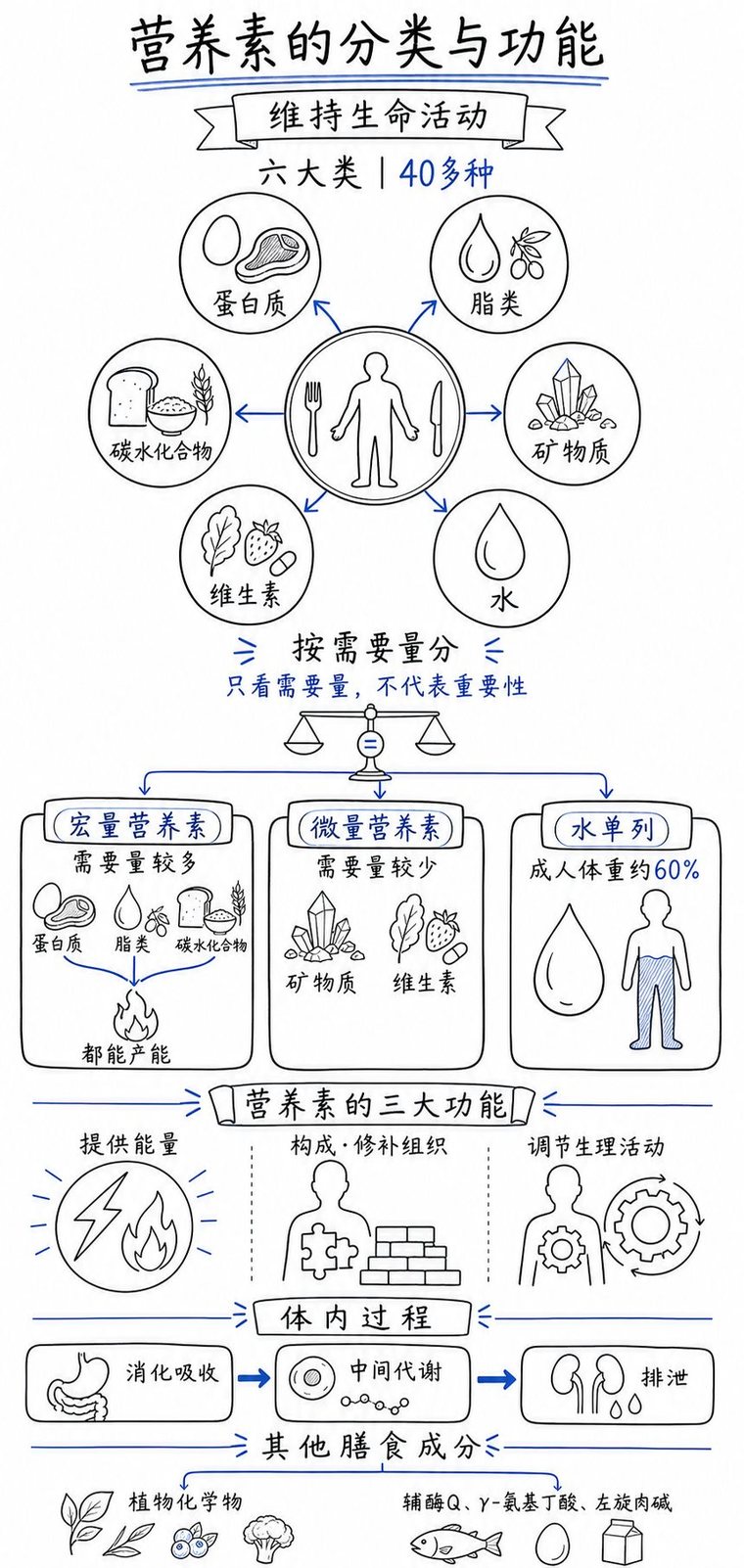 考点「营养素的分类与功能」的白板图解:六大营养素分类与宏量微量划分