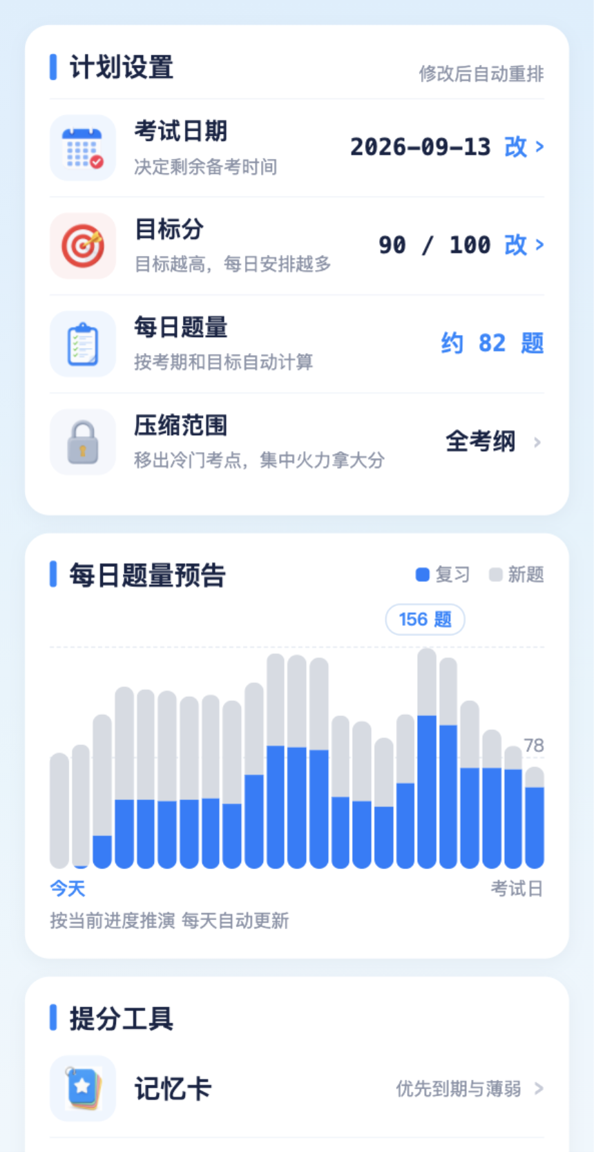 彩虹题伴备考计划:每日题量自动计算与题量预告